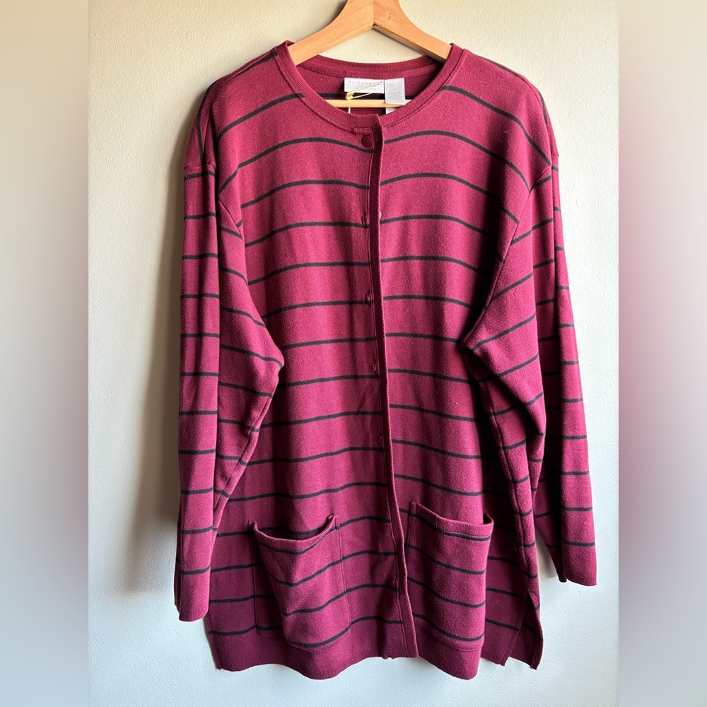 Liz Claiborne Burgundy Crewneck Knit Top with Black Stripes